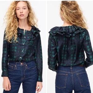 Crew Collection Silk Twill Ruffle Collar Top Green Blue Plaid S